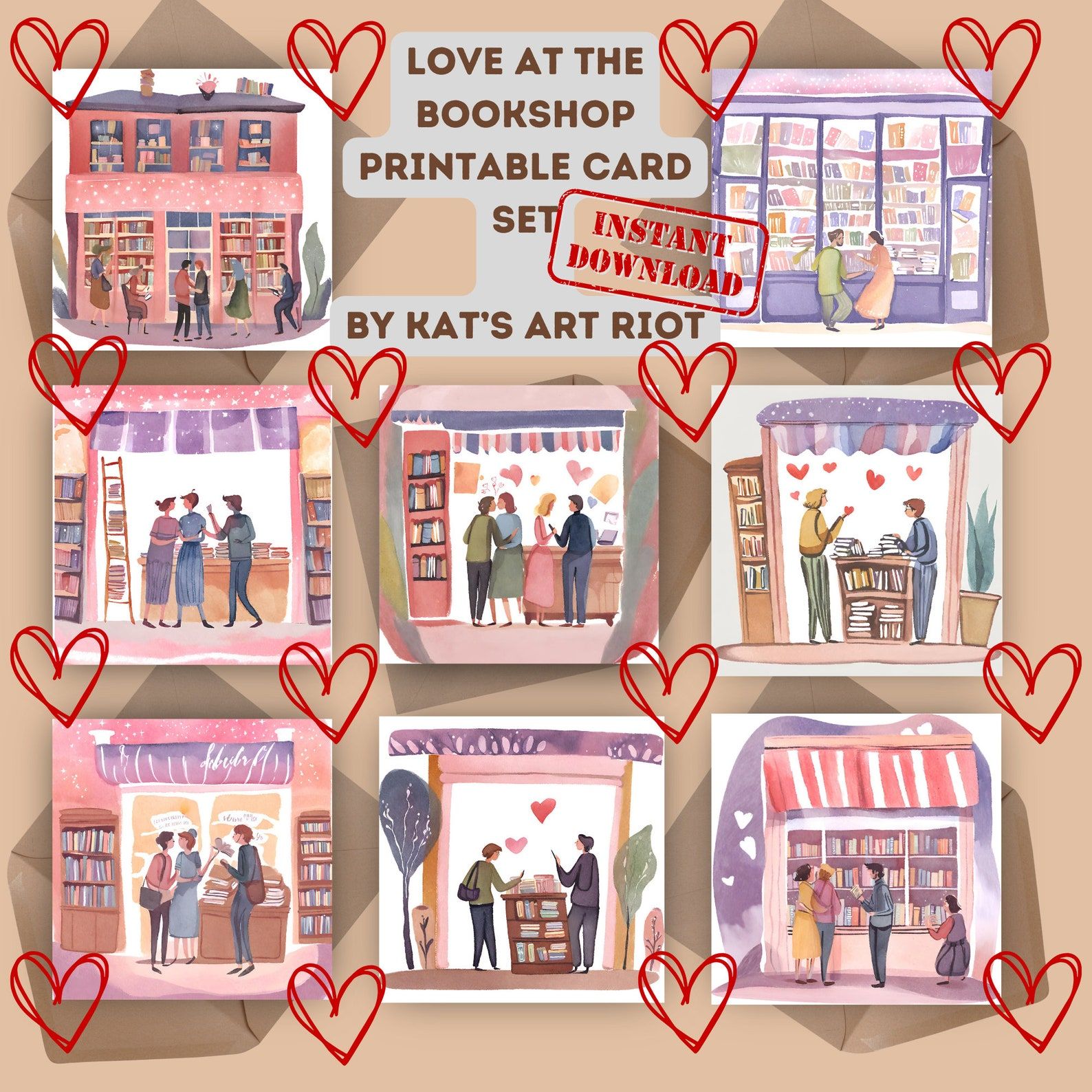 a set of eight watercolor Valentine's Day cards featuring various people finding love and connection at a bookstore