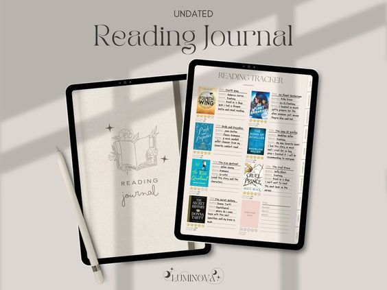 image of 2 tablets: the first shows a minimalist, handwritten title page that says "reading journal." The second shows a basic grid where users can add a book cover, rating, and notes about a book read. 