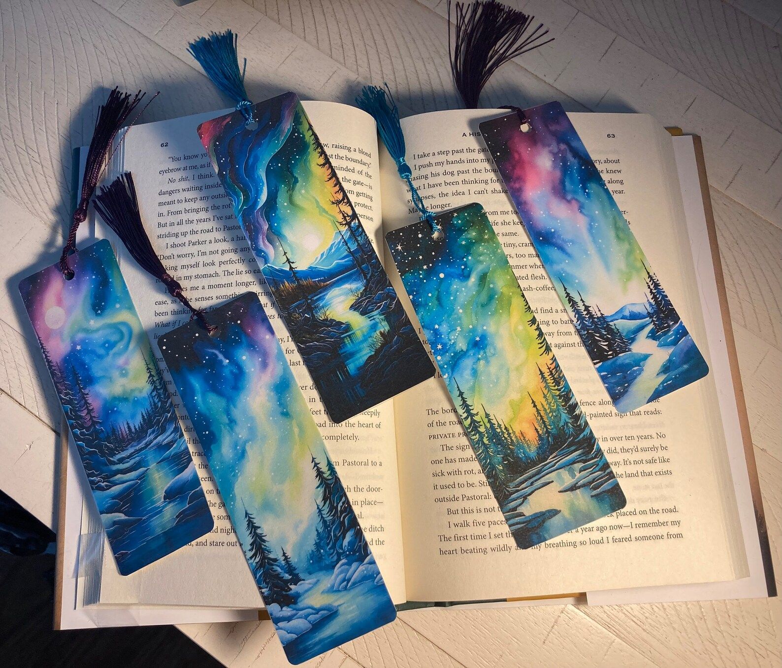 A set of five books depicting the northern lights in woodsy settings on an open book