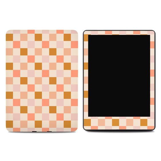 peach, beige, and brown checkered kindle skin displayed on the back and front of a kindle 