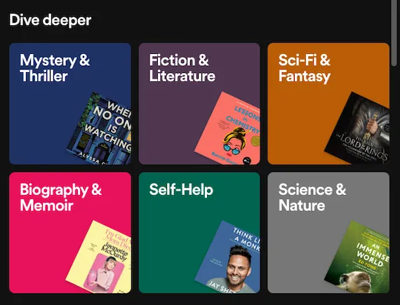 screenshot of genre categories in Spotify Audiobooks on the web app