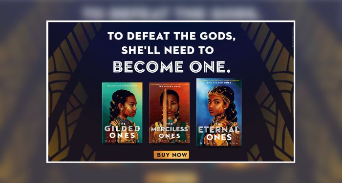 Book covers of THE GILDED ONES trilogy by Namina Forna. Quote reading "To defeat the gods, she'll need to become one."