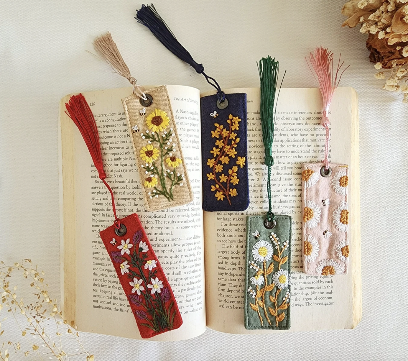 Image of five tasseled bookmarks with hand-embroidered floral designs displayed on a book