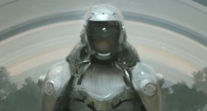 a cropped cover of All Systems Red, showing an illustration of a robot with a visor helmet