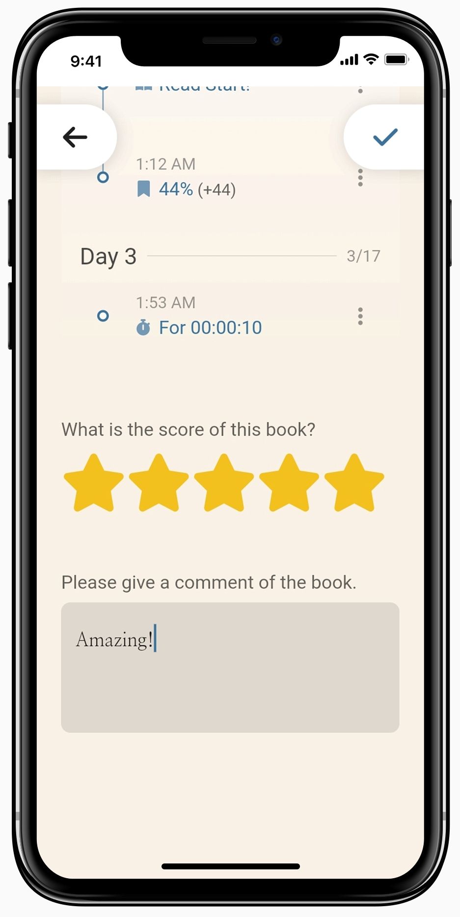 Bookmory Add Review page. It shows the times read by day, your score of the book out of five stars, and a comment about the book.