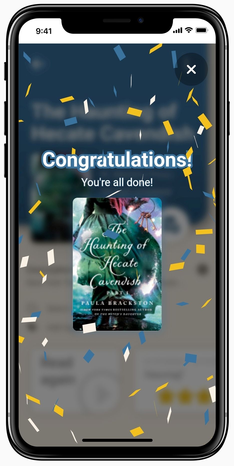 Bookmory page with the cover of The Haunting of Hecate Cavendish, with confetti falling around it and the text, "Congratulations! You're all done!"