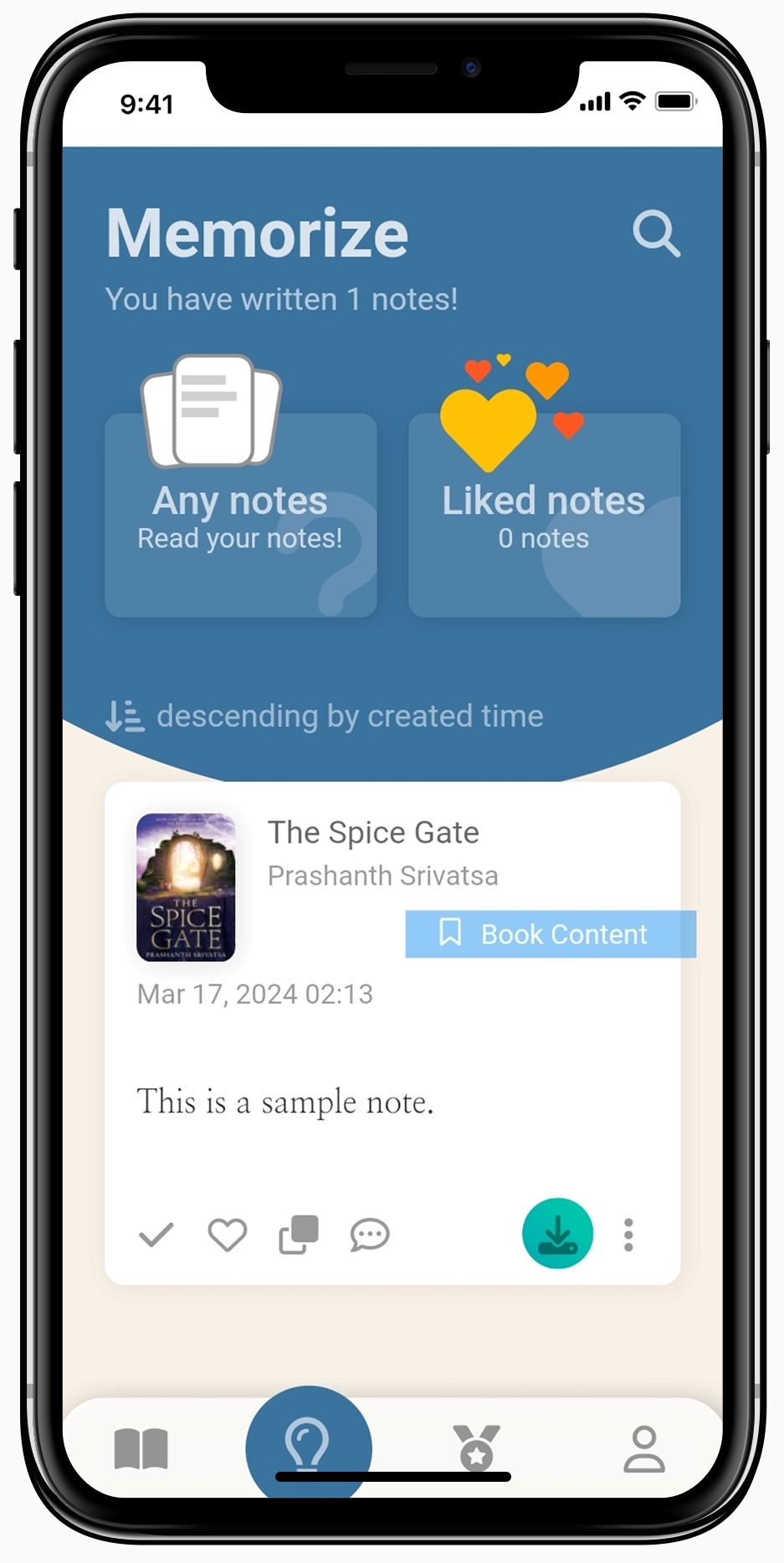 Bookmory Memorize page, with "Any notes" and "Liked notes" tabs as well as a sample note for The Spice Gate.