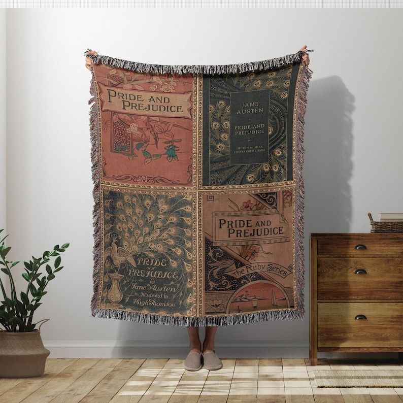 a blanket with vintage Pride and Prejudice covers