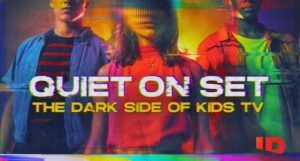 promo graphic for Quiet On Set showing blurred kids' faces on TV