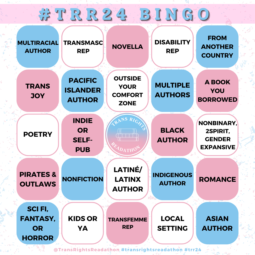 a bingo board of trans book categories, including Latine Author and Trans Joy