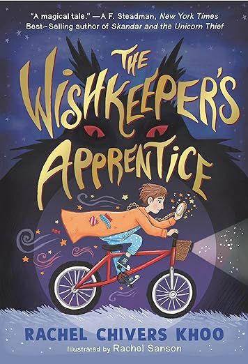 cover of The Wishkeeper's Apprentice by Rachel Chivers Khoo; illustration of young boy in a yellow raincoat riding a bike past a large black shadow of a monster with red eyes