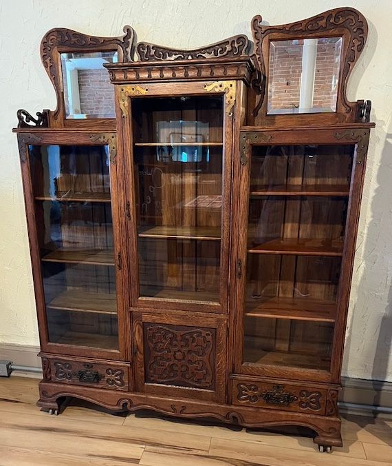 antique oak bookcase with glass doors