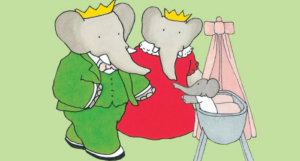 a cropped cover of Babar and the New Baby, showing the king and queen with a baby in a bassinet