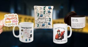 five examples of bookish gifts for mystery readers: a sticker, a book sleeve, two ceramic mugs, and a candle