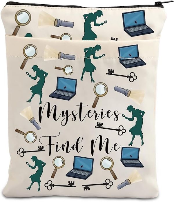 beige book sleeve with black text that reads "Mysteries Find Me". Surrounding the text are graphics of laptop computers, magnifying glasses, and the silhouette of a woman holding a magnifying glass
