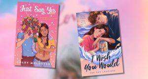 the covers of two YA books with a blurred cover of Taylor Swift's Lover album in the background