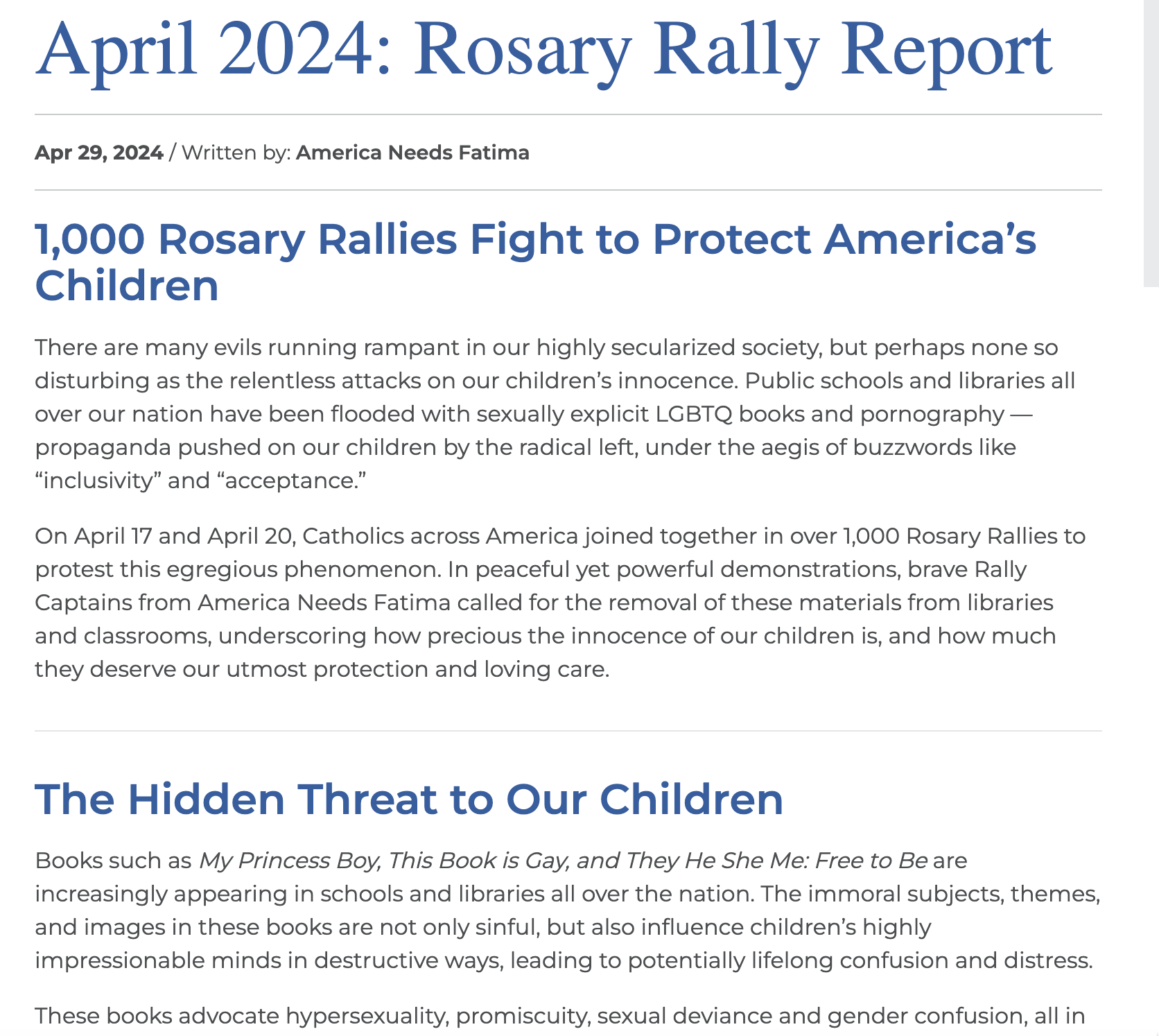 Screen shot of the "rosary rally report" from america needs fatima, which targeted libraries over the made up panic related to books in the collections. 