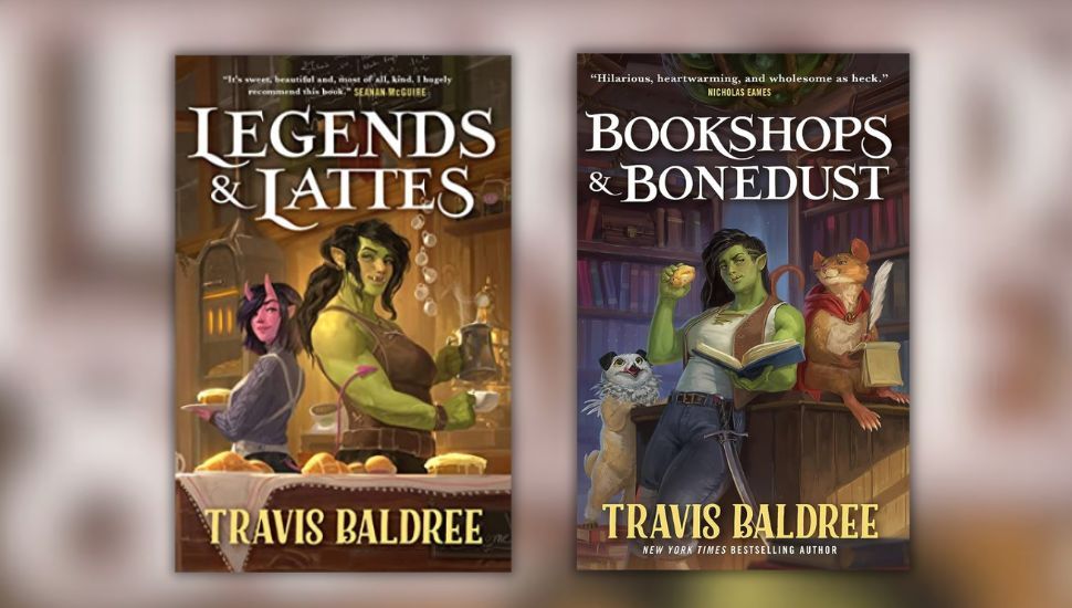 Book covers of LEGENDS & LATTES and BOOKSHOPS & BONEDUST by Travis Baldree