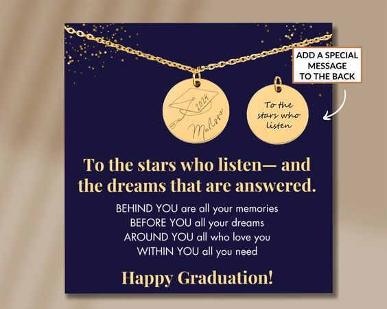 gold necklace with an engraved date, name, and graduation cap