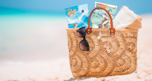 a beach bag with manga peeking out