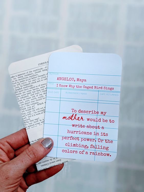 card designed to look like a vintage library checkout card with a maya angelou quote 