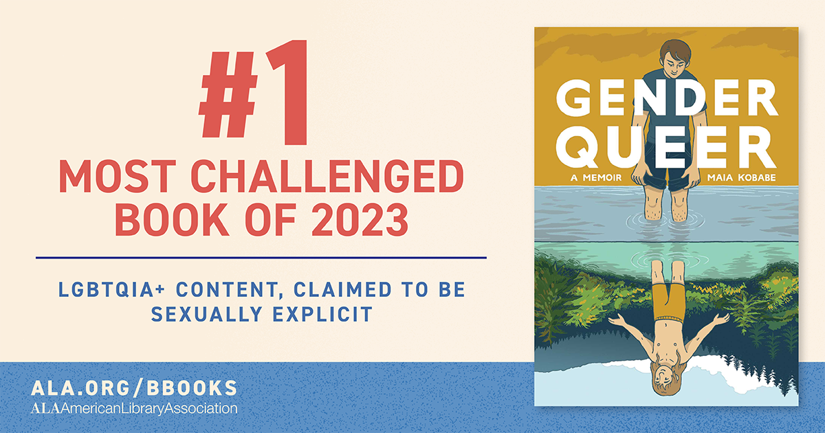 a graphic with the cover of Gender Queer and the text "#1 most challenged book of 2023. LGBTQIA+ content, claims to be sexually explicit."