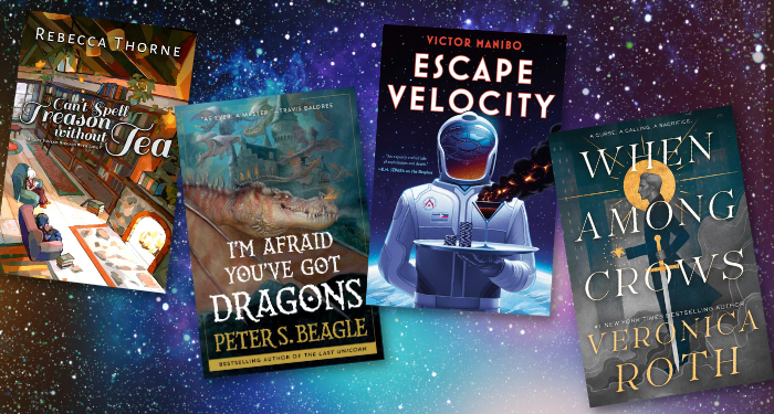 a collage of the new sff books listed