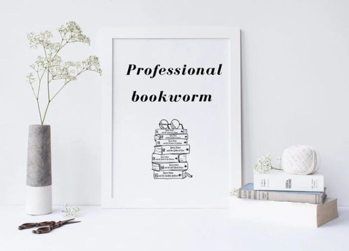simple white print with a stack of books and the words "professional bookworm" in black ink