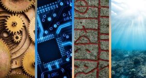 four panels showing images representing different punk subgenres: a closeup of clockwork and gears; a closeup of a circuit board; abstract cave writing on stone, and an ocean floor