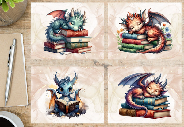 four postcards each with a different graphic design of a colorful dragon sleeping on books