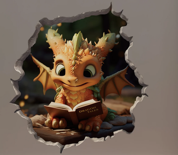wall decal of a dragon reading a book to look like it lives in your wall