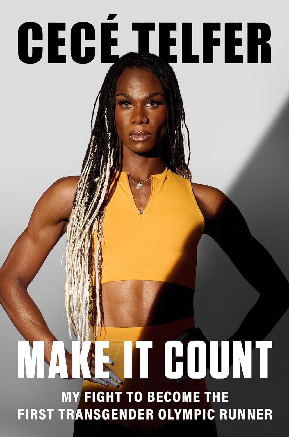 a graphic of the cover of Make It Count: My Fight to Become the First Transgender Olympic Runner by CeCé Telfer