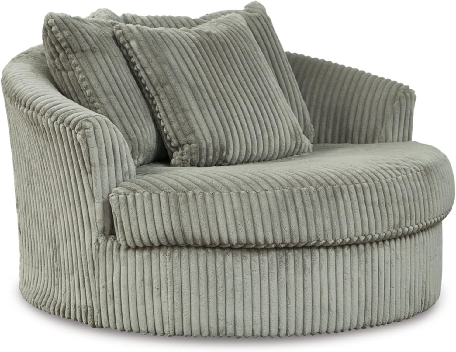 a giant round armchair with corded fabric in light gray