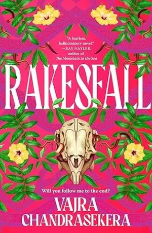 cover of Rakesfall by Vajra Chandrasekera; bright pink with illustration of a horse skull surrounded by yellow flowers and green leaves