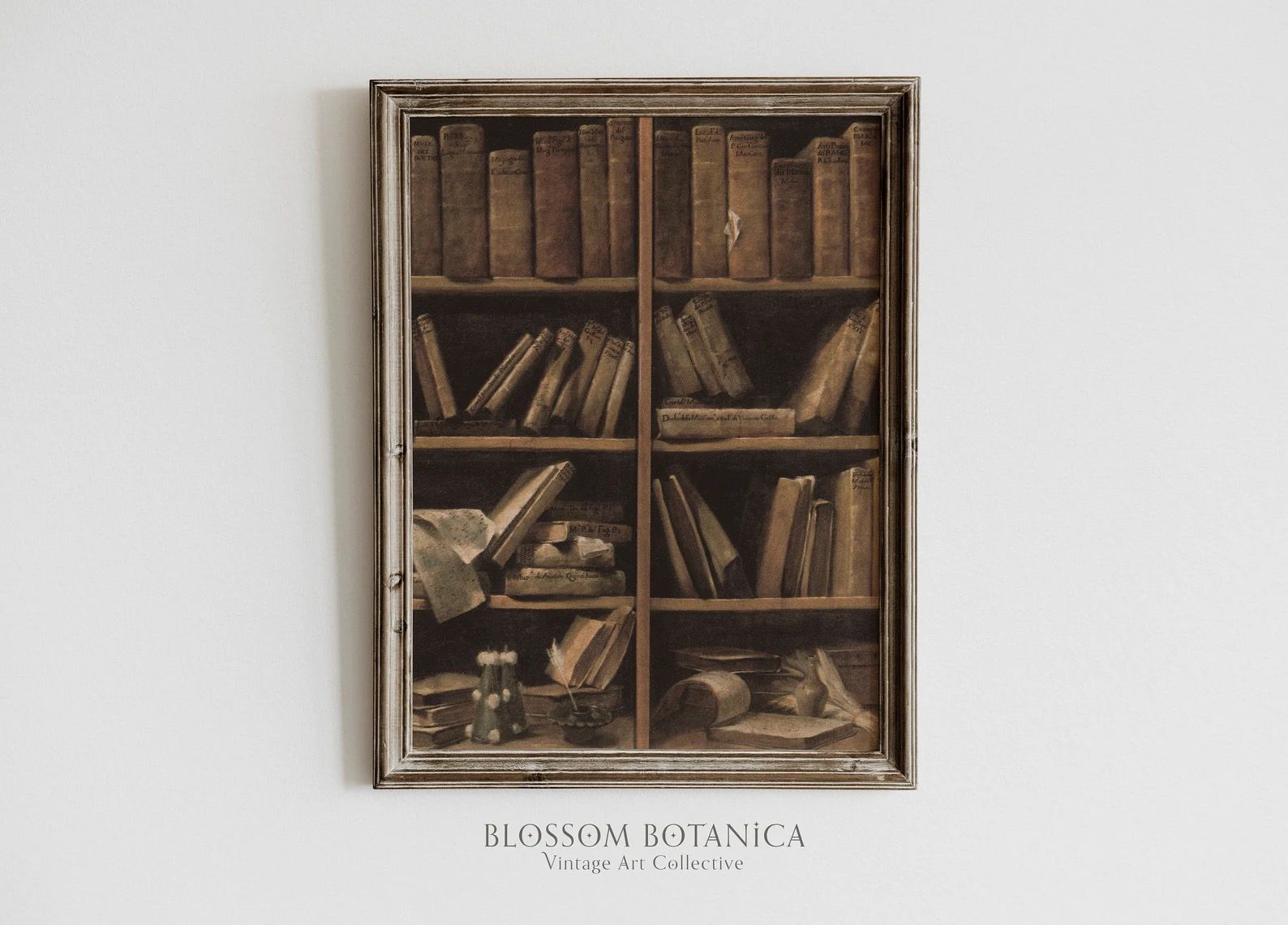 vintage art print showing old books arranged in eight pickets of a bookshelf
