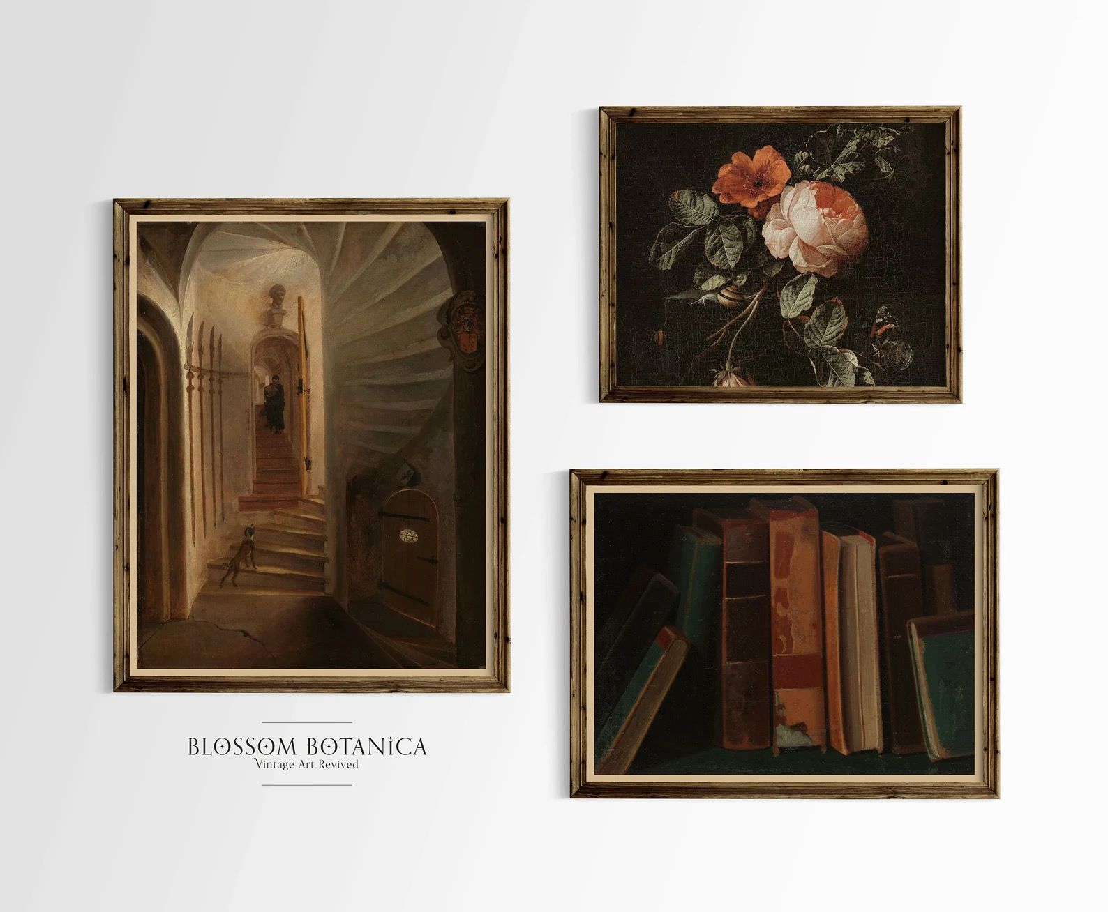 three art prints arranged in a gallery wall. Prints are of a dark academia theme. One is of a staircase, one of pink roses, and one of several books