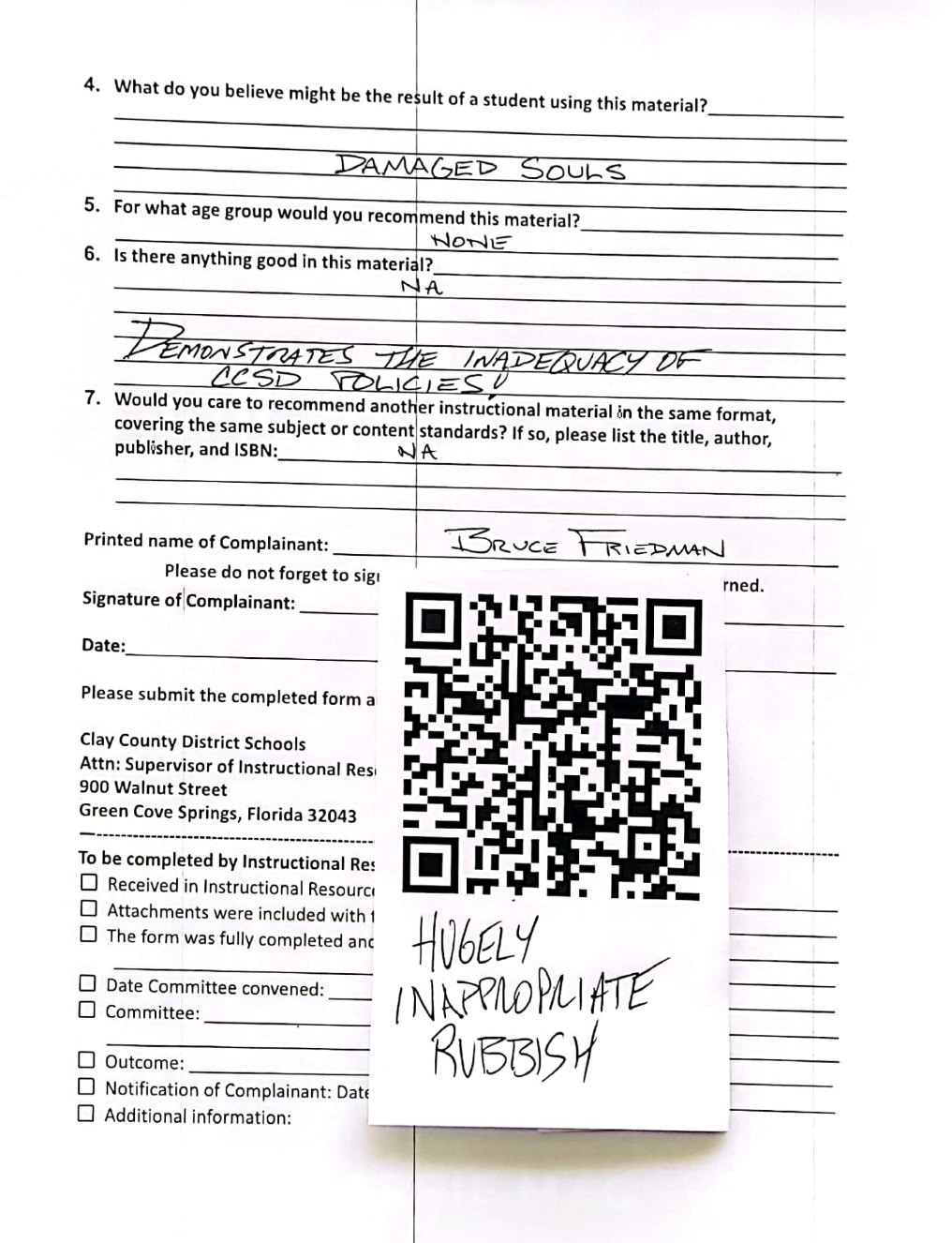 bruce friedman book complaint form for clay county district schools. 