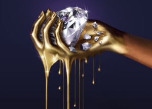 cropped cover of Flawless Girls, showing a hand dripping gold that is holding a giant diamond