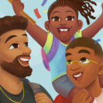 a cropped cover of It's Pride, Baby! showing an illustration of a queer Black family at Pride