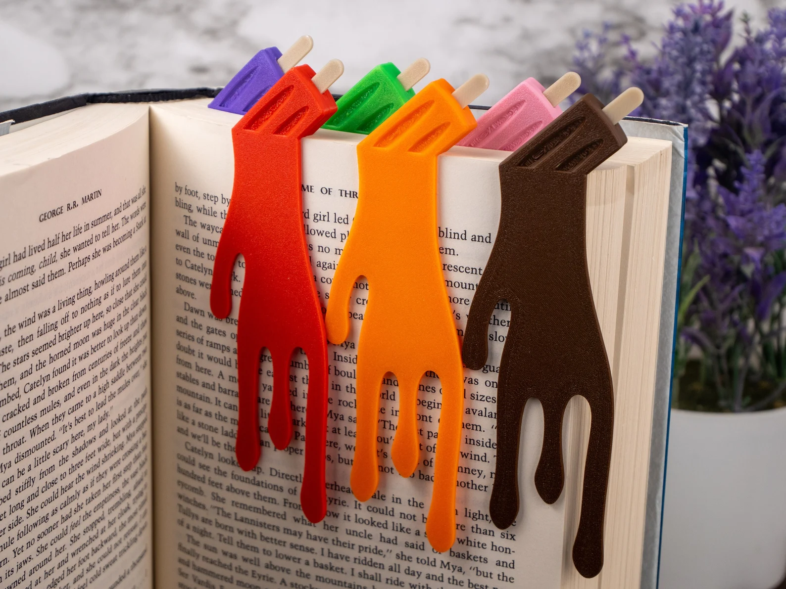 image of several melted popsicle bookmarks. 