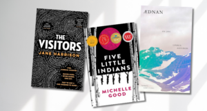the covers of The Visitors by Kim Harrison, Five Little Indians, and Aednan