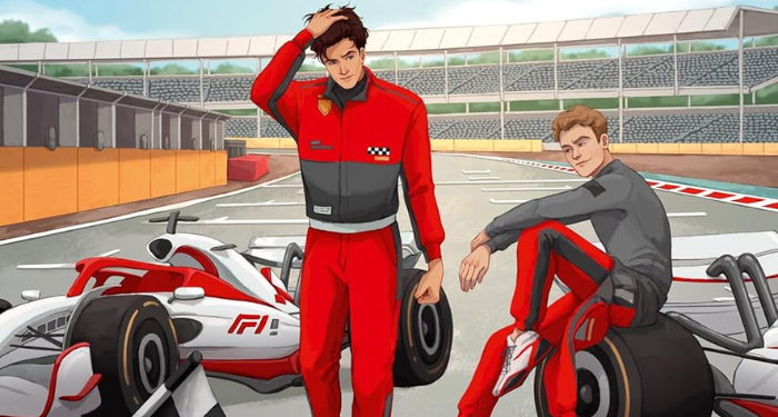 a cropped cover of Pole Position, showing two men with Formula 1 cars, one smiling at the other as he walks away