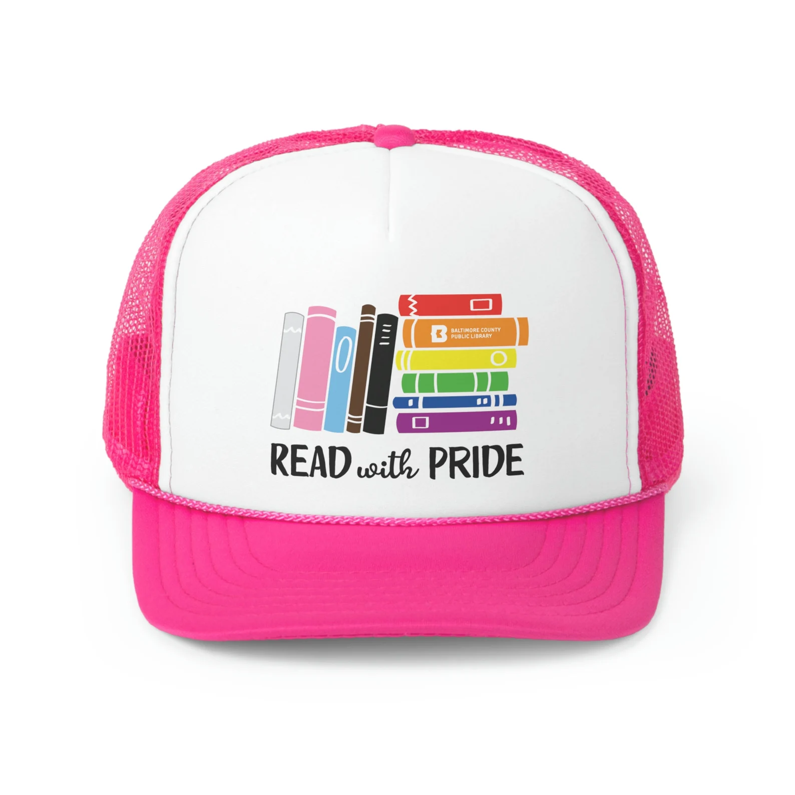 pink hat with a rainbow stack of book with the words "read with pride."
