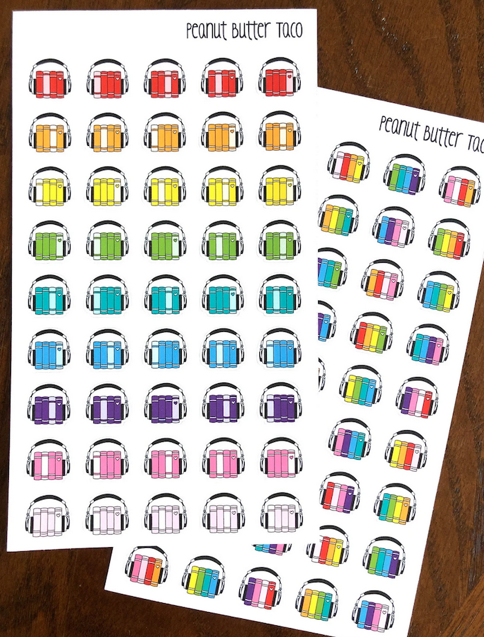 sticker sheets with graphic illustration of books wearing headphones