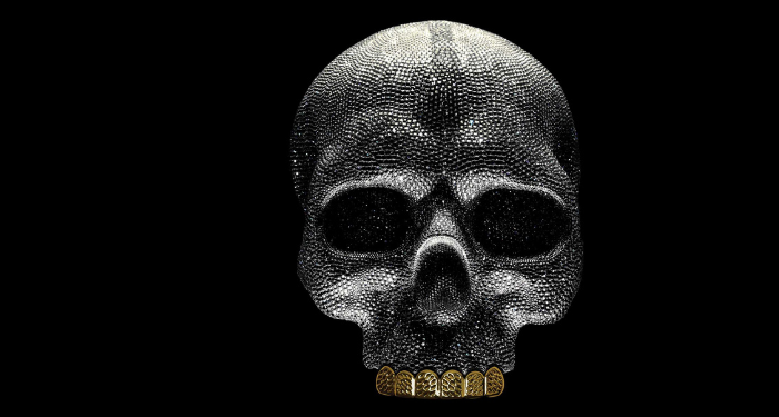 a cropped cover of Fashion Killa showing a bejeweled skull with a gold grill