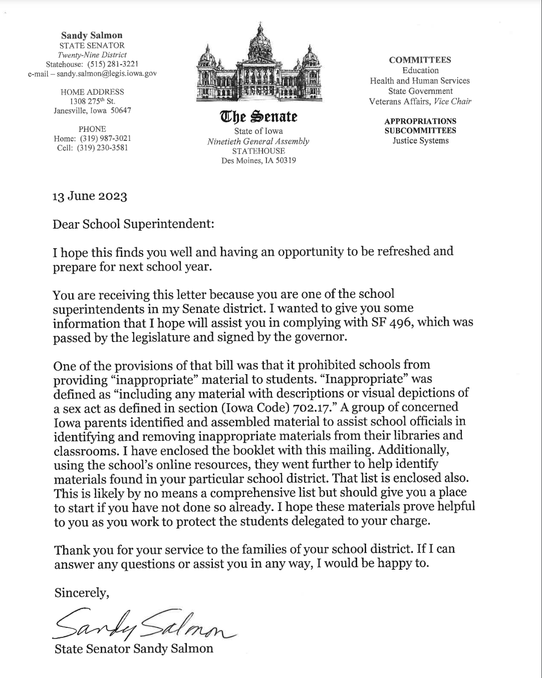 letter from senator salmon to dike-new hartford high school. 