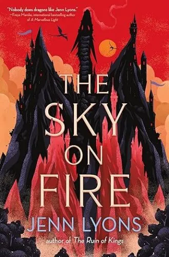 cover of The Sky on Fire by Jenn Lyons; illustration of castles in the mountains whose outlines also form a dragon against a red sky