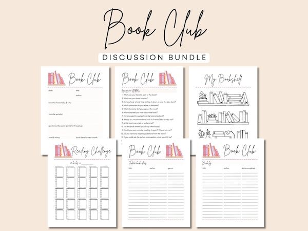 graphics of six cards containing questions and discussion guides for book club