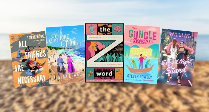 five covers of LGBTQ beach reads of 2024 with a blurred image of sand at a beach in the background