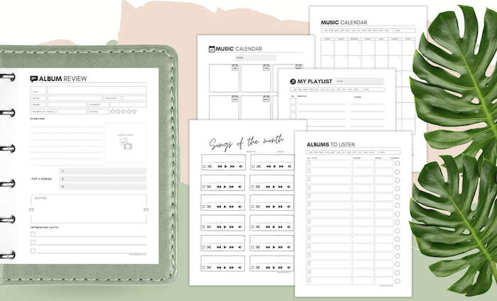 picture showing assortment of pages included in the printable music planner